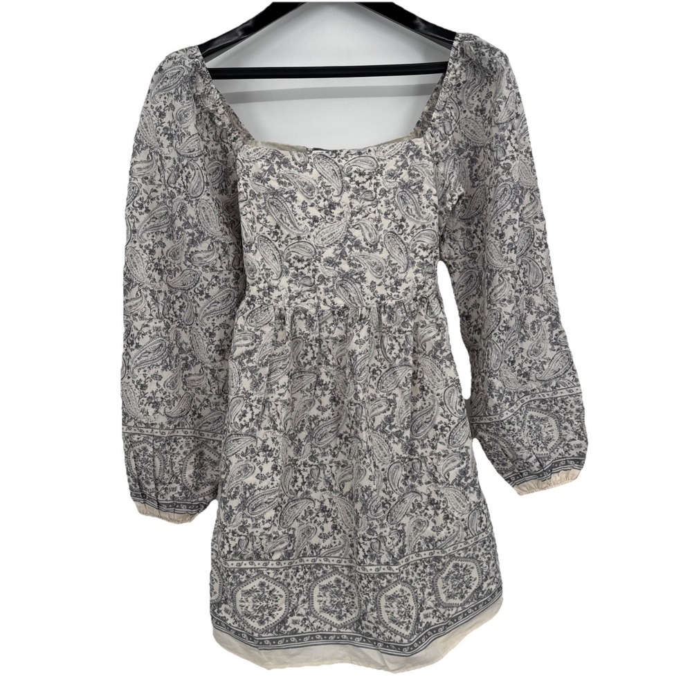 Böhme Paisley Gray & Cream Boho Peasant Dress Long Sleeve Lined NWT Women Size S
